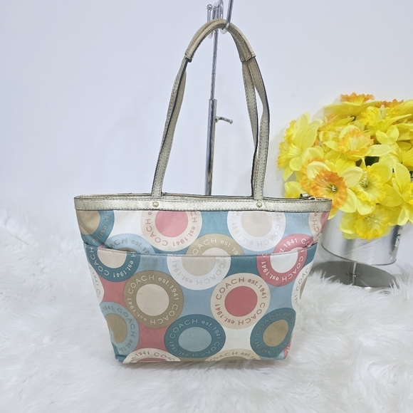 Coach Soho Sateen multicolor Purse Shoulder Hand Bag Polka Dot Logo - Picture 3 of 16
